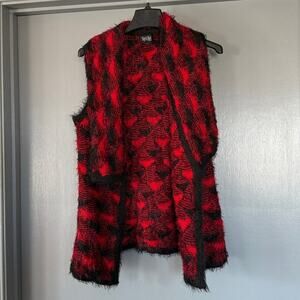 Objects D'art Red Black Shaggy Open  Sweater Vest Shawl Collar sz L Petite